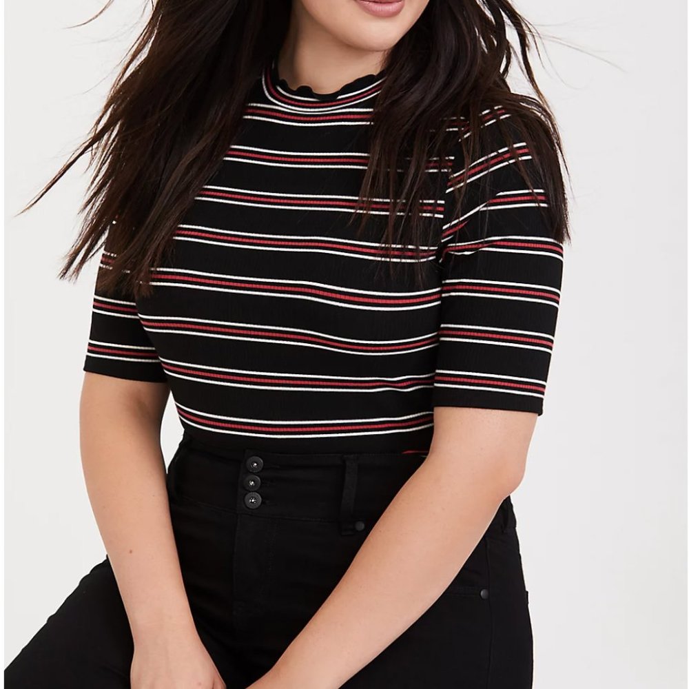 BLACK & MULTI STRIPE RIBBED MOCK NECK TEE